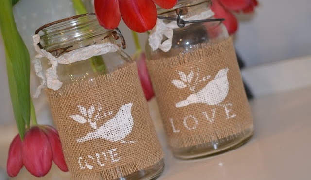 Burlap Wrapped Mason Jars great gift for Valentines, Mothers Day, Easter